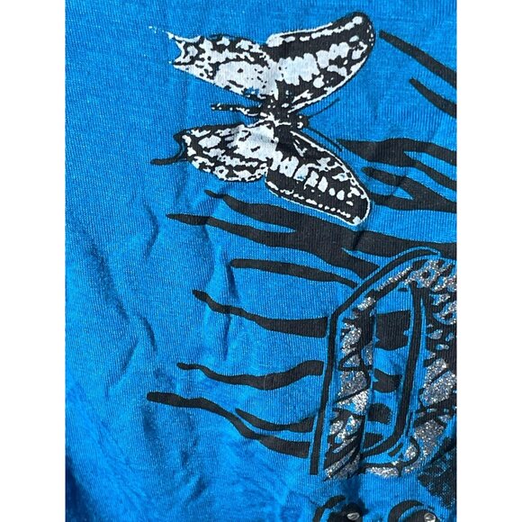 lady fashion short sleeve shirt blue black embellished butterfly medium READ - Picture 13 of 14